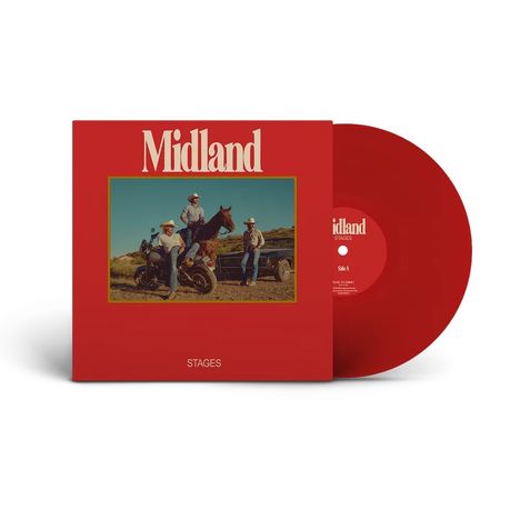 "Midland", "STAGES" auf rotem Hintergrund. Bild zeigt drei Männer mit Cowboyhüten, einer auf einem Pferd.