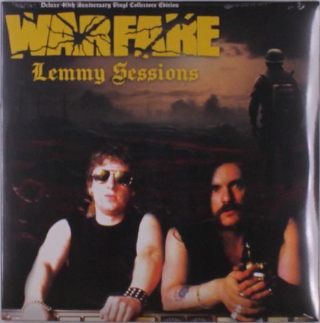 Text: "WARFARE Lemmy Sessions." Zwei Männer sitzen an einem Tisch, der hintere trägt eine Sonnenbrille, der andere hält eine Flasche.