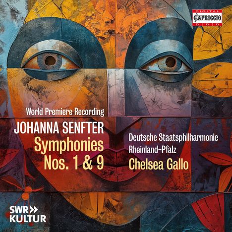 "World Premiere Recording, JOHANNA SENFTER Symphonies Nos. 1 & 9, Deutsche Staatsphilharmonie Rheinland-Pfalz, Chelsea Gallo" vor abstraktem Gemälde.
