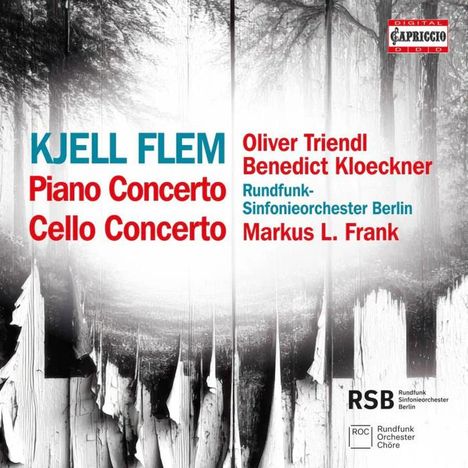 "KJELL FLEM Piano Concerto Cello Concerto", Oliver Triendl, Benedict Kloeckner. Schwarze Baumlandschaft auf grauem Hintergrund.