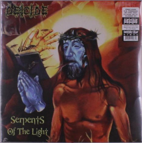 "Deicide" und "Serpents of the Light" unten. Illustration: Figur mit Dornenkrone, blauer Haut und betenden Händen.