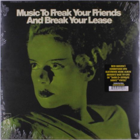 Text: "Music To Freak Your Friends And Break Your Lease." Ein grün-töniges Porträt einer ernst schauenden Person.