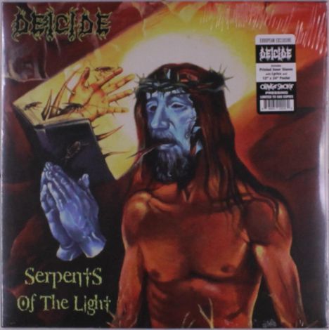 Text: „DEICIDE“, „Serpents of the Light“. Illustration: Figur mit Dornkrone und Händen, die ein Buch halten.