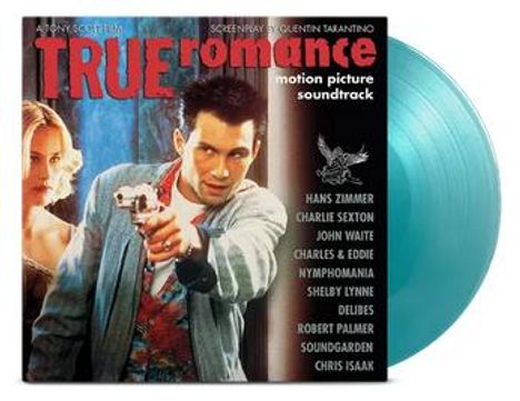 Text: "True Romance motion picture soundtrack" und Künstlerliste.  
Illustration: Mann mit Pistole, Frau im Hintergrund. Aqua Vinyl.