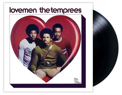 Text: "lovemen the temprees". Drei Männer in einem großen roten Herz. Eine Schallplatte rechts.
