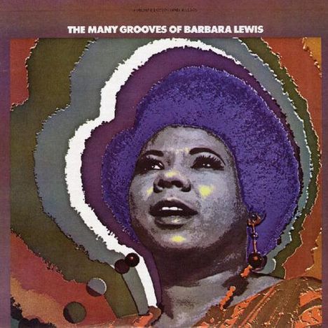 "The Many Grooves of Barbara Lewis." Farbige Illustration einer Frau mit lila Haaren und großen Ohrringen in psychedelischem Stil.