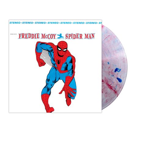 Text: "FREDDIE McCOY SPIDER MAN", "STEREO", "RGM 2215". Illustration: Spider-Man in klassischer Pose auf Schallplattencover.