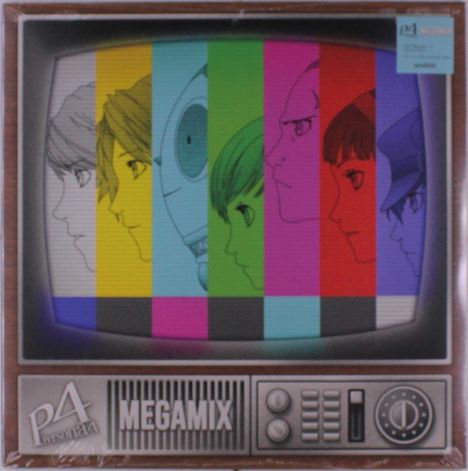Text: "P4 Persona", "MEGAMIX". Illustration eines alten Fernsehers mit farbigen Streifen und Profilzeichnungen von Figuren.