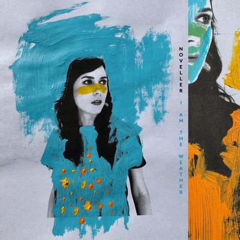 "Noveller" und "I Am the Weather" in blauer und orangefarbener Schrift. Frau mit blauen und orangefarbenen Pinselstrichen.