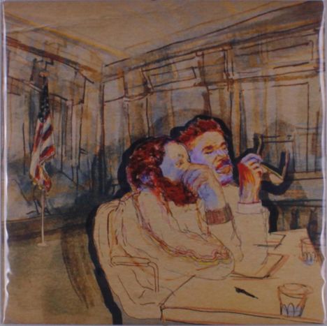 Eine Illustration zeigt zwei Männer, die aufmerksam wirken. Einer raucht Pfeife. Im Hintergrund eine Flagge mit Sternen und Streifen.