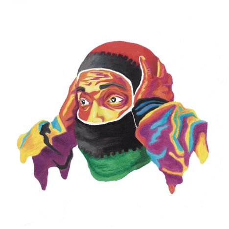 Keine sichtbaren Texte. Eine bunte Illustration eines Mannes mit einer Maske und farbenfrohem Gewand.