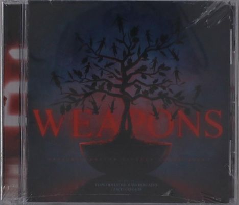 "Weapons" in großen roten Buchstaben, darunter ein schemenhafter Baum mit Menschenfiguren als Blätter oder Früchte.