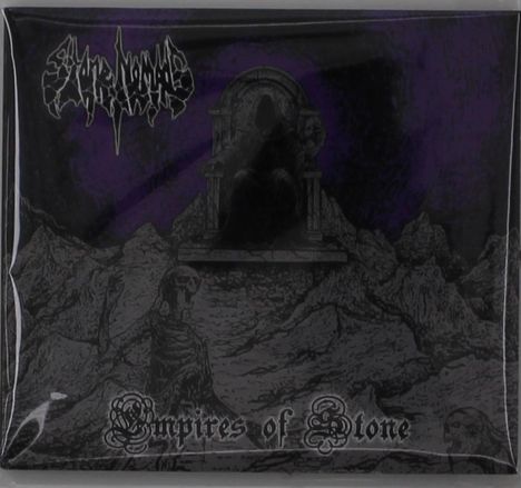 "Empires of Stone" steht unten, oben ein unleserlicher Schriftzug. Illustration: Dunkle Gestalt auf Thron, Skelett in felsiger Landschaft.