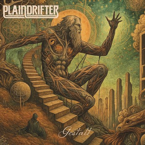 "PLAINDRIFTER" oben, "Gestalt" unten. Illustration: Baumriesengestalt, Treppe, mystische Landschaft, Person blickt auf.