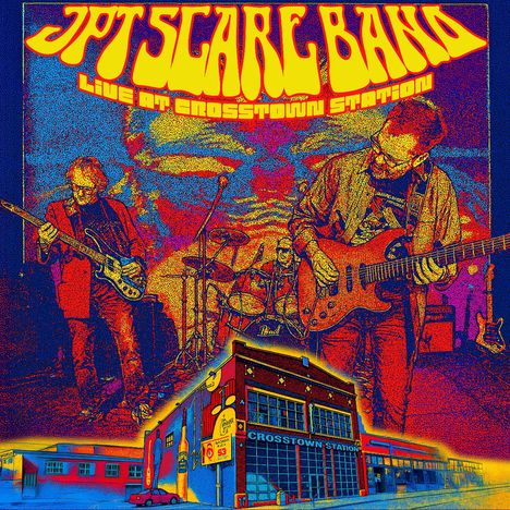 "JPT Scare Band, Live at Crosstown Station." Illustration mit Musikern auf der Bühne und einem Gebäude mit "Crosstown Station."