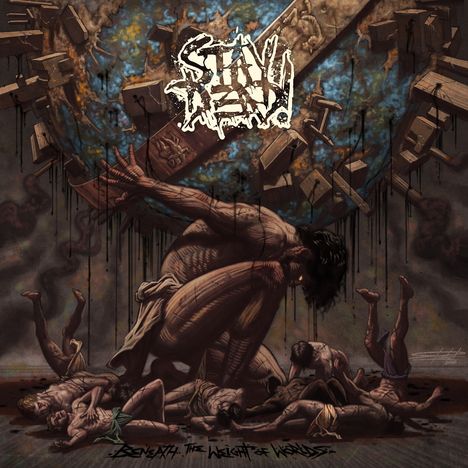 Oben: "Stay Dead". Unten: "Beneath the Weight of Worlds". Illustration von ringenden, leidenden Gestalten unter Last.