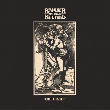 "Snake Mountain Revival" und "The Divide". Schwarz-weiße Illustration eines Skeletts, das eine Gestalt begleitet.