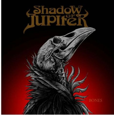 „Shadow of Jupiter“ und „Bones“ auf schwarzem Hintergrund. Illustration eines detaillierten Rabenschädels vor rotem Schein.