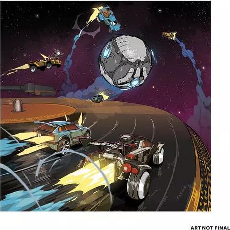 "ART NOT FINAL" unten rechts. Illustration: Autos fliegen und fahren in einem futuristischen Stadion um einen großen Ball.