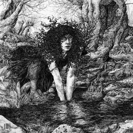 Am unteren Rand ist ein kleines Logo. Eine Frau mit lockigem Haar kniet an einem Bach in einem verwunschenen Wald.