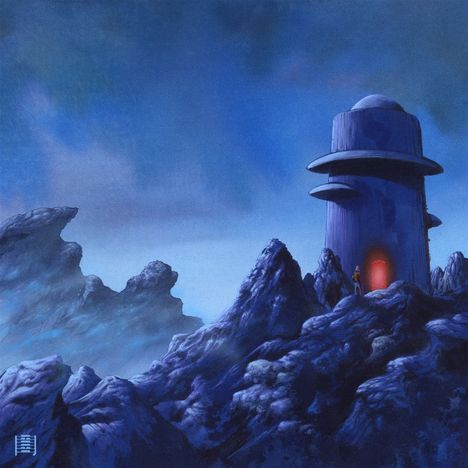 Illustration: Ein Turm in einer blauen, felsigen Landschaft. Eine Person steht vor einem leuchtend roten Eingang.
