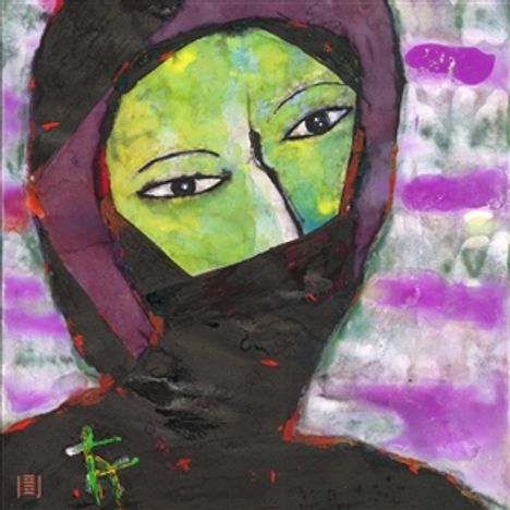 Eine abstrakte Illustration: Ein Gesicht mit grünem Teint in Schwarz-Violett, umgeben von lila und grauen Mustern.