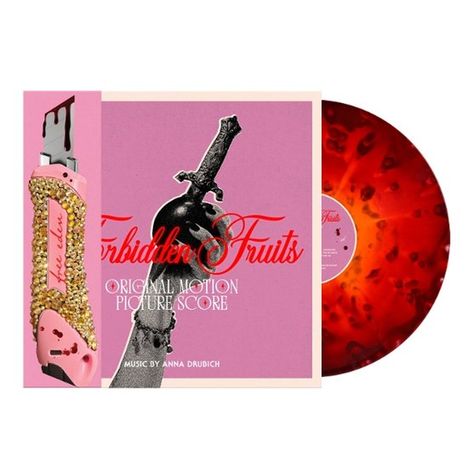 "Forbidden Fruits Original Motion Picture Score" und "Music by Anna Drubich". Vinyl in Rot, rosa Cover mit Messer.