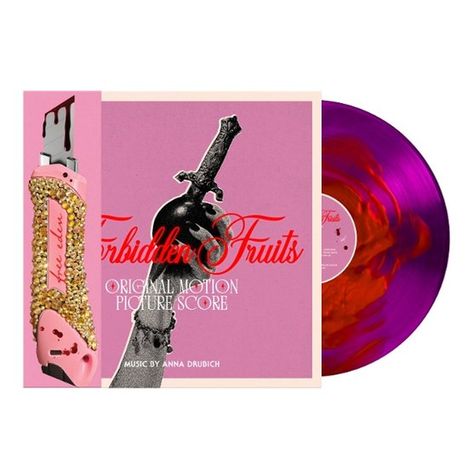 Texte: "Forbidden Fruits Original Motion Picture Score", "Music by Anna Drubich", "Ice dice".  
Ein lila Vinyl und eine verzierte Pistole.