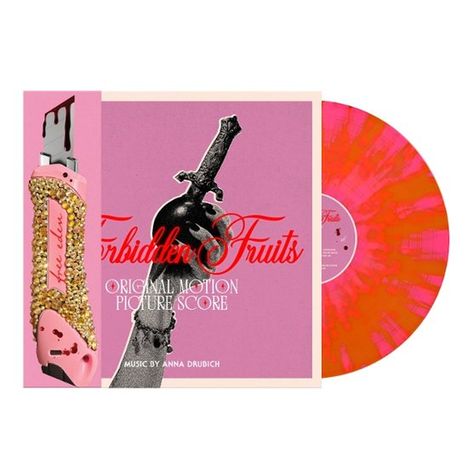 "Forbidden Fruits. Original Motion Picture Score. Music by Anna Drubich." Ein dekoratives Messer und eine orange-pinke Schallplatte.