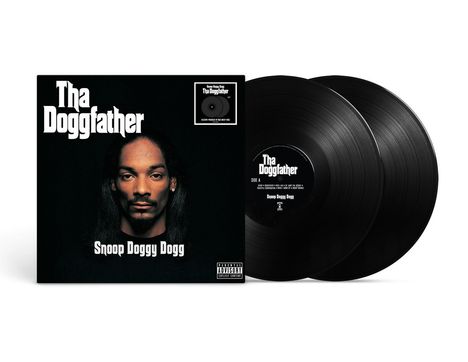 "Tha Doggfather", "Snoop Doggy Dogg". Zwei schwarze Vinylplatten. Porträt eines Mannes mit ruhigem Ausdruck.