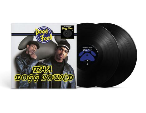 "Dogg Food", "THA DOGG POUND". Zwei Männer in Lederjacken, Mützen. Zwei schwarze Vinylplatten, blaues Logo in der Mitte.