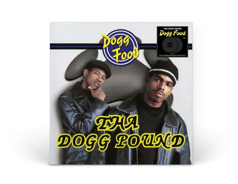 "Tha Dogg Pound Dogg Food" steht im Vordergrund. Zwei Personen in Lederjacken mit ernstem Ausdruck sind abgebildet.