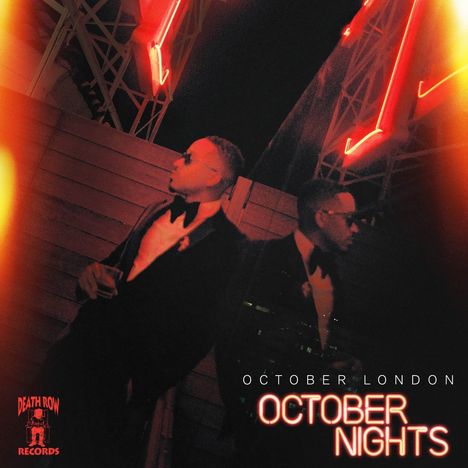 Text: "OCTOBER LONDON", "OCTOBER NIGHTS". Dunkles, stimmungsvolles Bild mit zwei elegant gekleideten Personen und Neonlichtern.