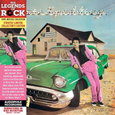 THE LEGENDS OF ROCK, Vinyl Replica Collection, STRICLTY LIMITED, Chris Spedding lehnt an einem grünen Auto vor einem Diner.