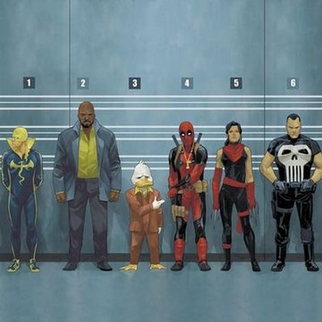 Nummerierte Figuren von 1 bis 6 stehen nebeneinander vor einer Markierungswand. Comics-Illustration.