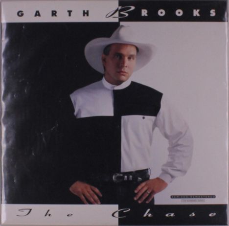 Texte: "GARTH BROOKS", "The Chase", "REMASTERED". Ein Mann mit Cowboyhut und zweifarbiger Kleidung schaut ernst.