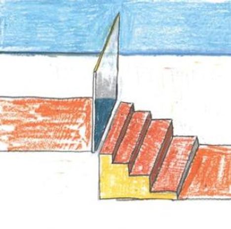 Illustration: Eine rote Treppe führt zu einem offenen Spalt, Hintergrund blau-weiß gefärbt, Boden orange.