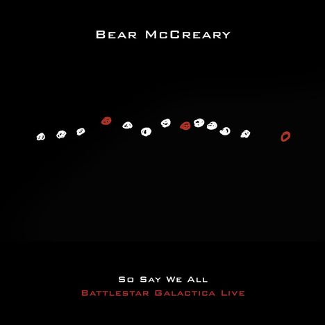 Text: Bear McCreary, So Say We All, Battlestar Galactica Live.  
Schwarzer Hintergrund mit weißen und roten Noten.