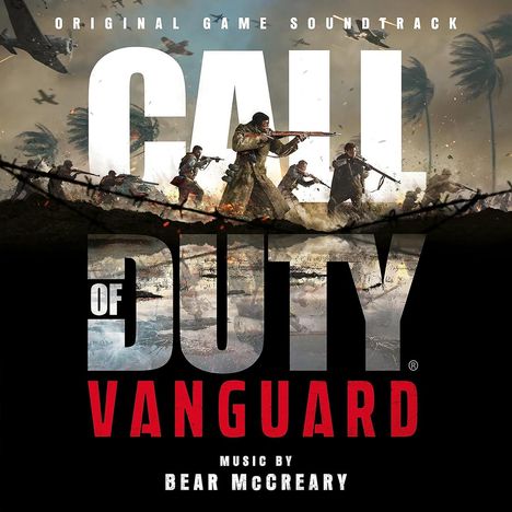 "CALL OF DUTY VANGUARD" dominiert, Soldaten in Aktion, Flugzeuge und Palmen im Hintergrund. Text: "Original Game Soundtrack".