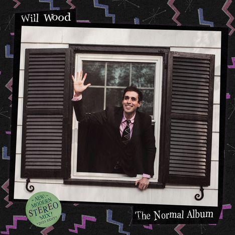 „Will Wood – The Normal Album“. Ein lächelnder Mann im Anzug winkt aus einem Fenster. Bunte geometrische Muster.