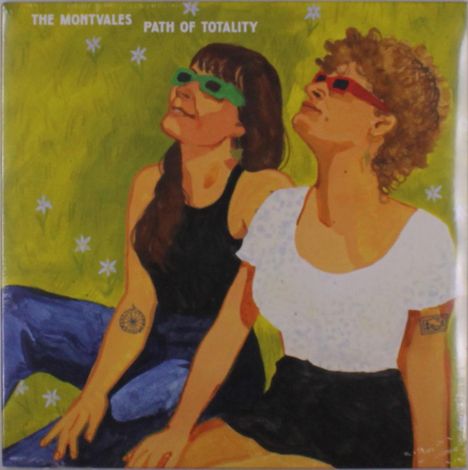 "The Montvales Path of Totality" oben. Zwei Personen mit 3D-Brillen blicken lächelnd nach oben, gelber Hintergrund mit Sternen.