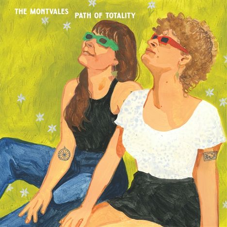 „THE MONTVALES PATH OF TOTALITY“ oben. Illustration von zwei Frauen mit Sonnenbrillen, die in den Himmel schauen.