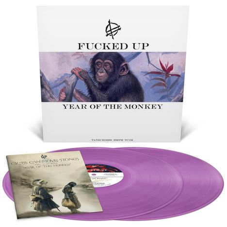 Texte: Fucked Up, Year of the Monkey. Illustration eines Schimpansen, lilafarbene Schallplatten.