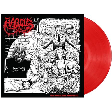 "The Mincecore Manifesto," stilisierte Illustration mit bedrückenden, düsteren Szenen und Personen in bedrohlicher Umgebung.