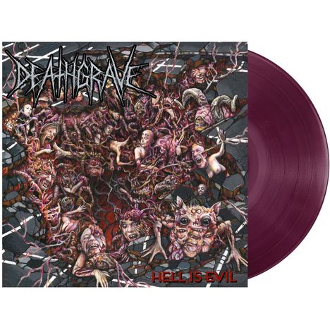 Oben links: "DEATHGRAVE", unten rechts: "HELL IS EVIL". Illustration von grotesken Kreaturen auf einem zersplitterten Hintergrund.
