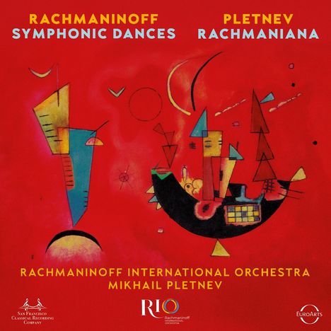 "Rachmaninoff Symphonic Dances", "Pletnev Rachmaniana". Abstrakte Kunst mit geometrischen Formen auf rotem Hintergrund.