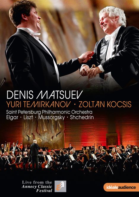 Zwei lächelnde Männer im Frack schütteln sich die Hand vor einem Orchester. Texte: "Denis Matsuev, Yuri Temirkanov, Zoltán Kocsis".