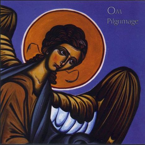 „Om Pilgrimage“ steht oben rechts. Eine Ikone mit einem Engelsbild, blauem Hintergrund, goldener Heiligenschein.