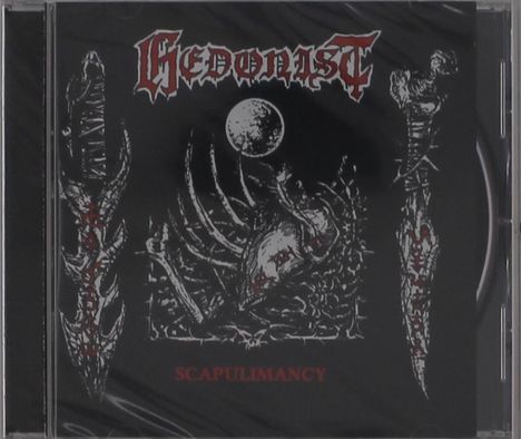 Text: "HEDONIST", "SCAPULIMANCY". Dunkles, bedrohliches Design mit Schädeln und Skeletten in Schwarz-Weiß.