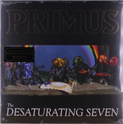"Primus", "The Desaturating Seven". Eine farbenfrohe Illustration mit fantasyartigen Wesen an einem Tisch.